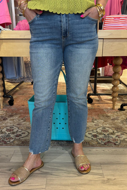 Mid Rise Kick Flare Destroy Hem JEANS JUDY BLUE 