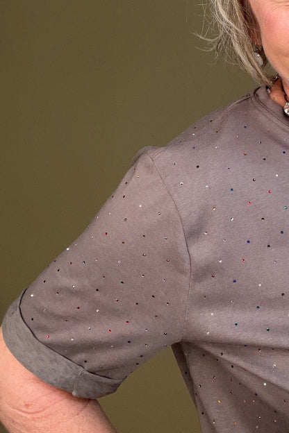 Short Rolled Sleeve Tee w/Colored Rhinestones JRTOP CASUAL TOP DAVI&amp;DANI 