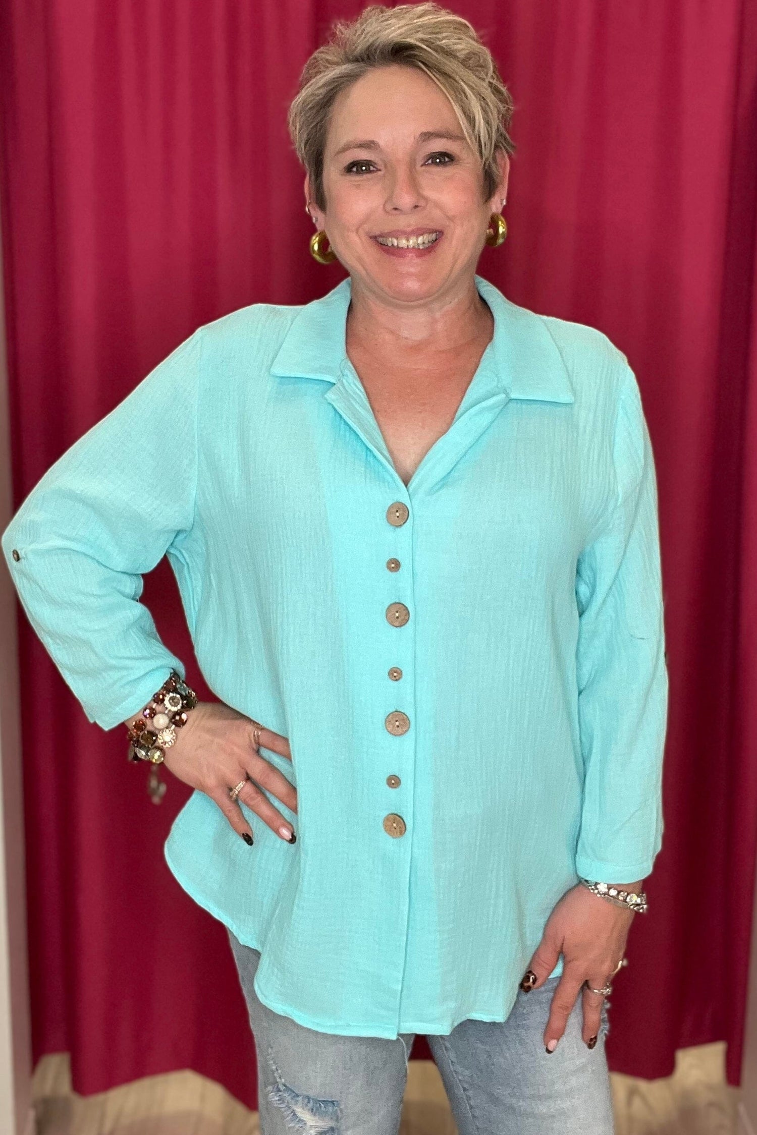 Gauze 3/4 Sleeve Top w/Big &amp; Little Buttons MISSY TOP SPECIAL CREATION 