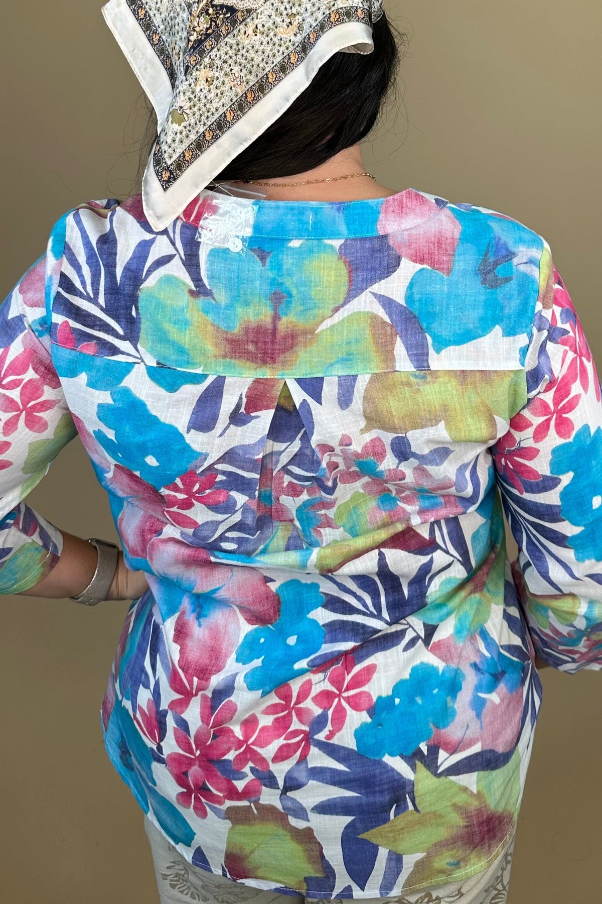 3/4 Sleeve Printed Top w/Buttons