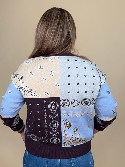 Jacquard V-Neck Sweater Cardigan in Satin Sky OUTFIT COMPLETER TRIBAL 