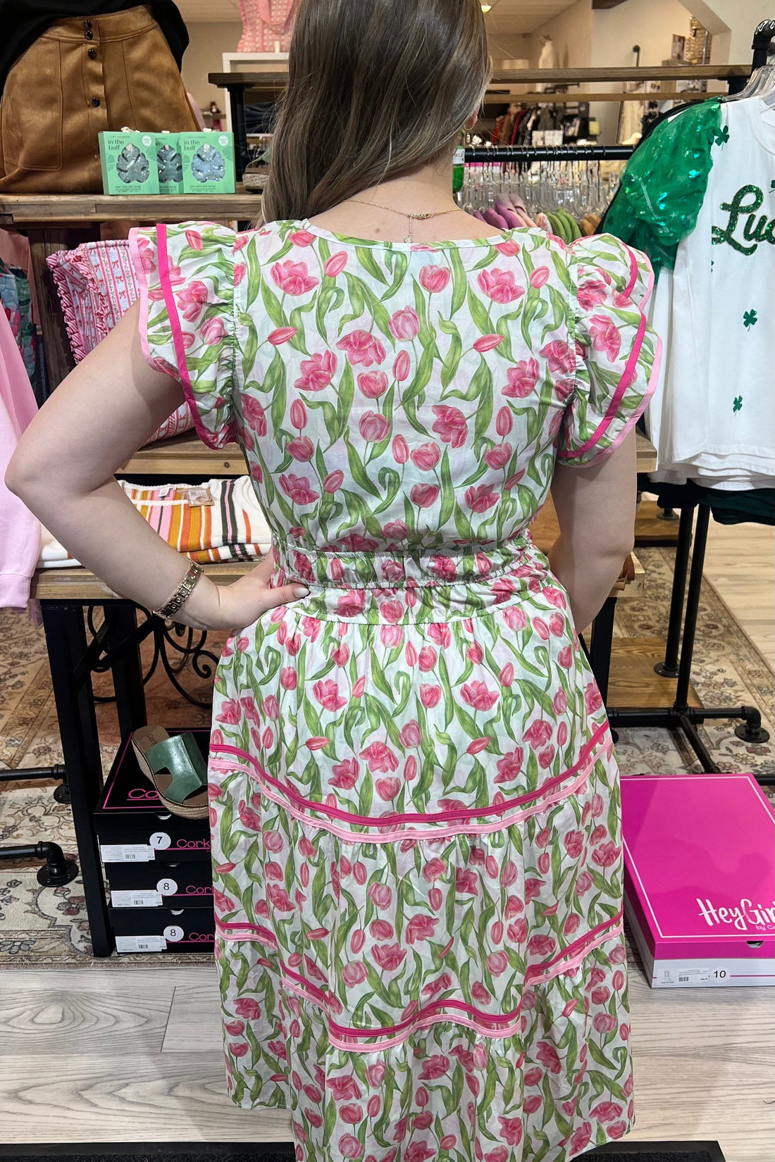 Ruffle Sleeve Woven Tulip Print Midi Dress DRESS SHE&amp;SKY 