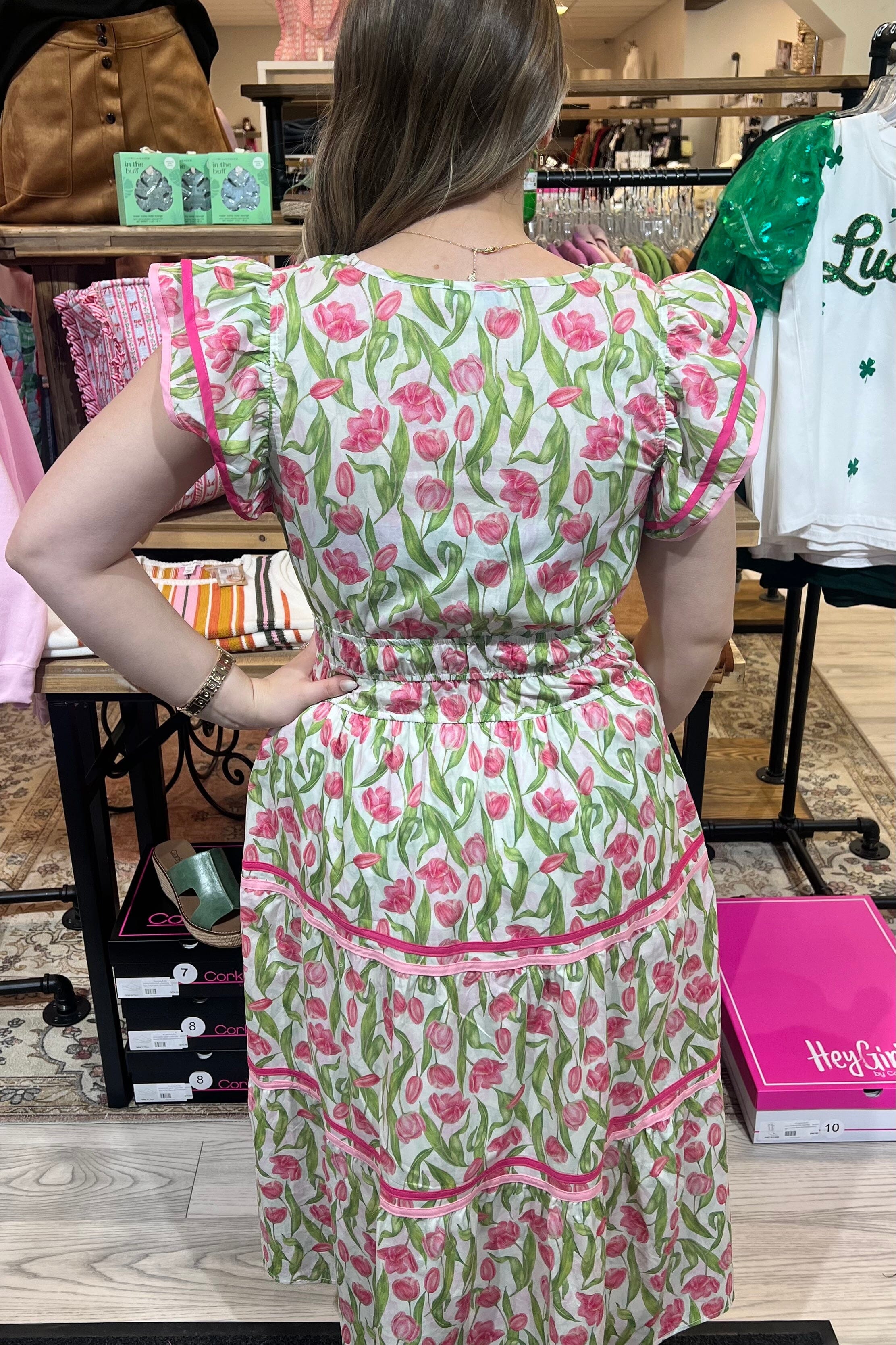 Ruffle Sleeve Woven Tulip Print Midi Dress DRESS SHE&amp;SKY 