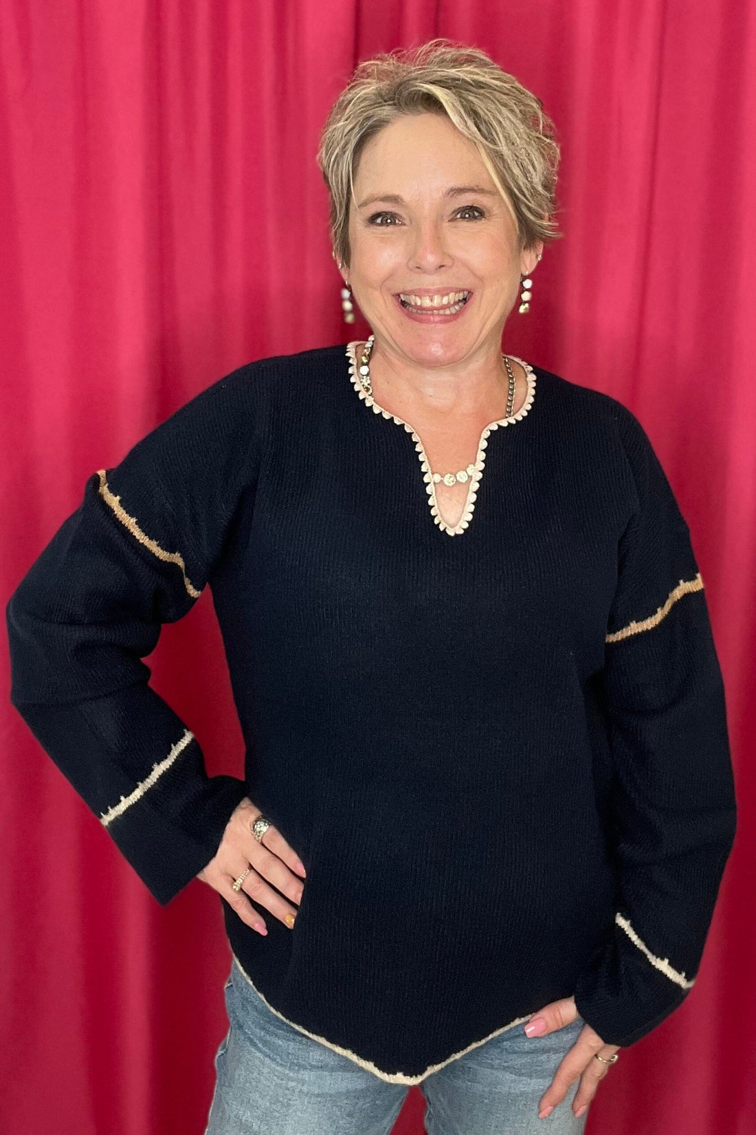Notched Neck Rib Embroidered Sweater MISSY TOP SPECIAL CHARLIEB 