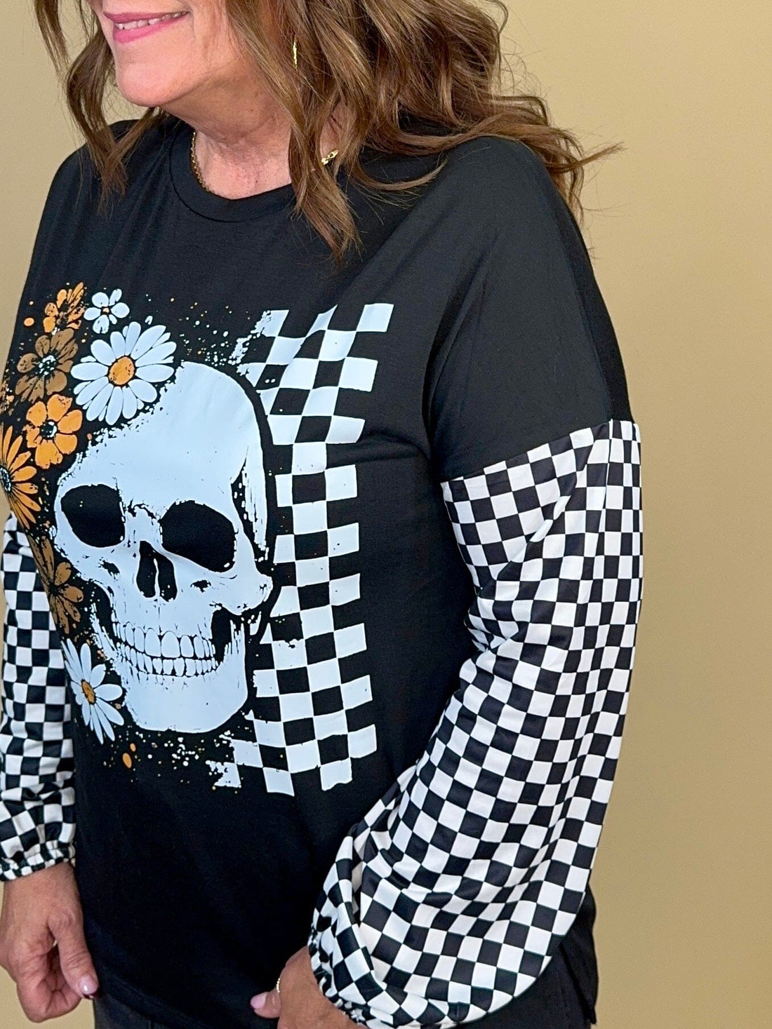 Skull &amp; Floral Checkered Long Sleeve Top JRTOP CASUAL TOP:~~Unassigned~~ YOURFASHIONWHOL 