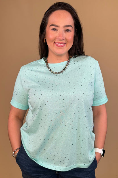 Short Rolled Sleeve Tee w/Colored Rhinestones JRTOP CASUAL TOP DAVI&amp;DANI 