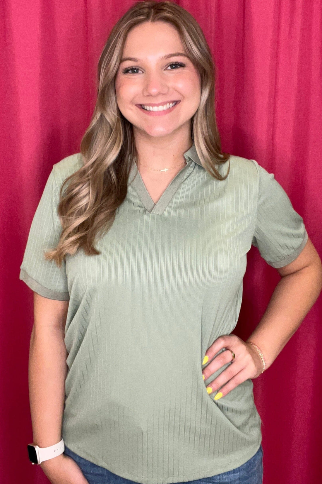 Rib Knit Polo Top w/Collar JRTOP CASUAL TOP SOUTHERN GRACE SAGE S 