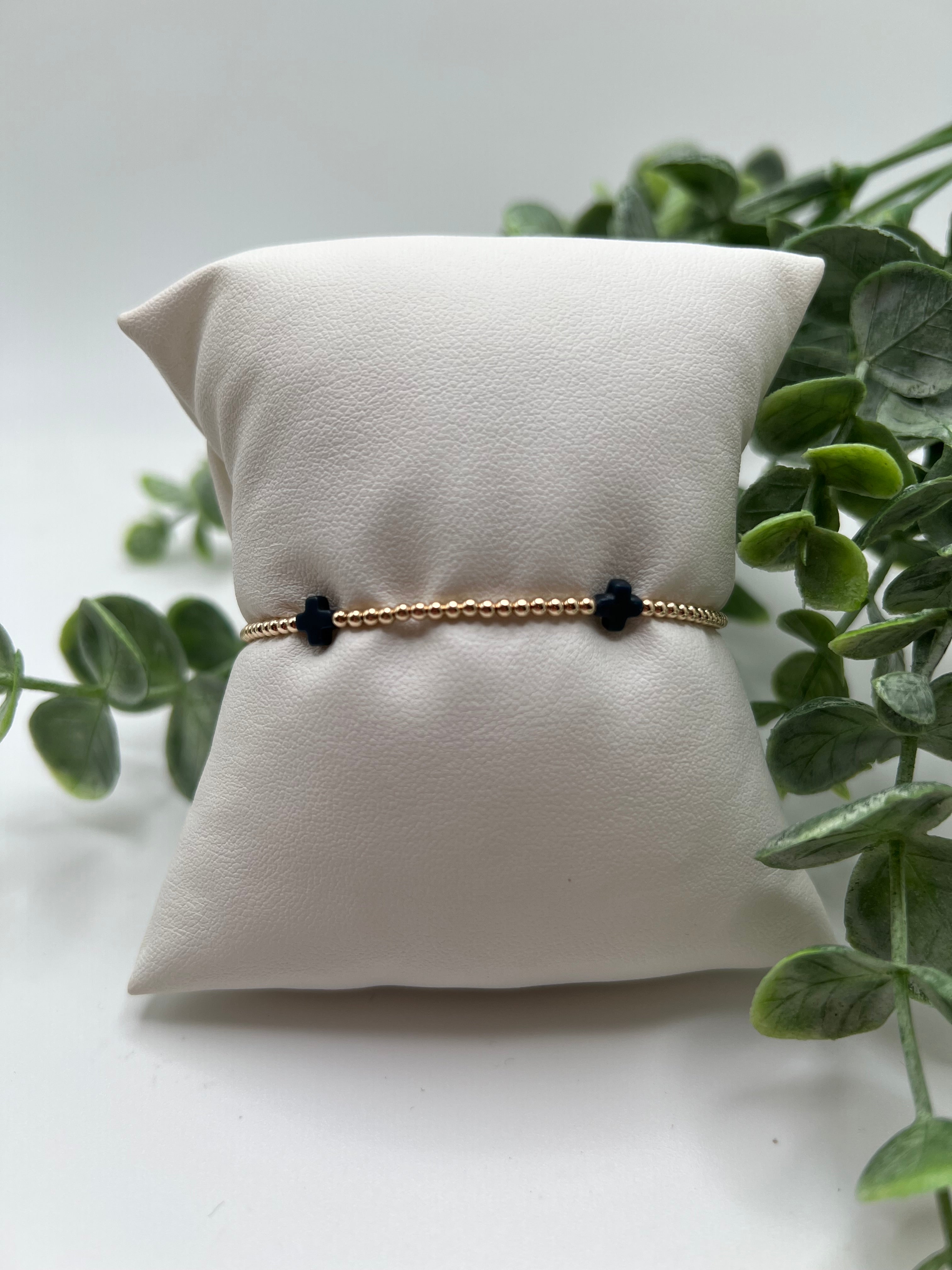 Enewton Signature Cross Small Gold Pattern 2mm Bead Bracelet- Navy