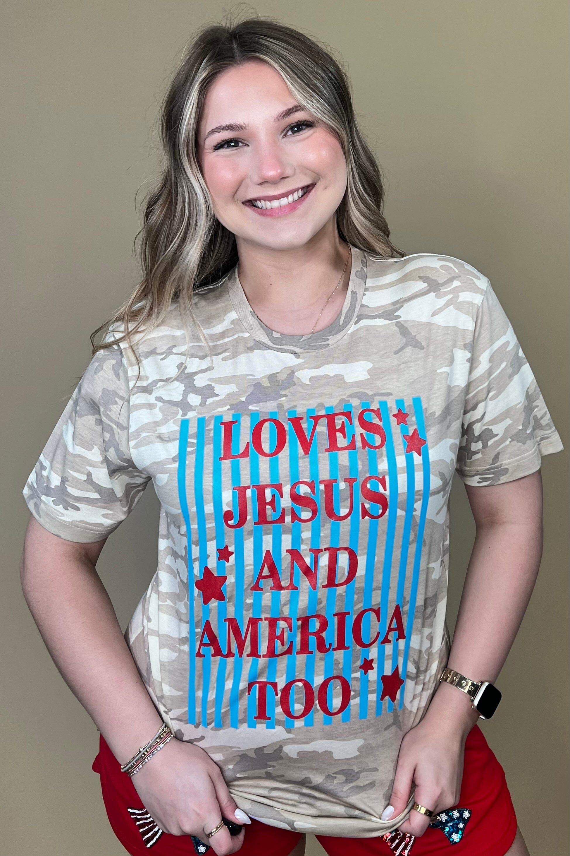 Loves Jesus &amp; America Too Camo Tee MISSY BASIC KNIT P&amp;PD 