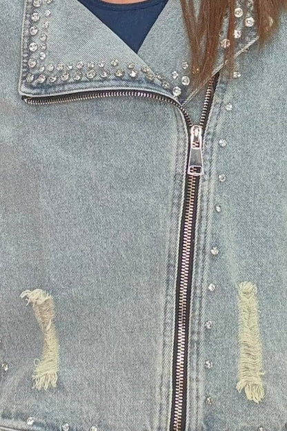 Denim Jacket w/Rhinestones &amp; Fray JACKET DAVI&amp;DANI 