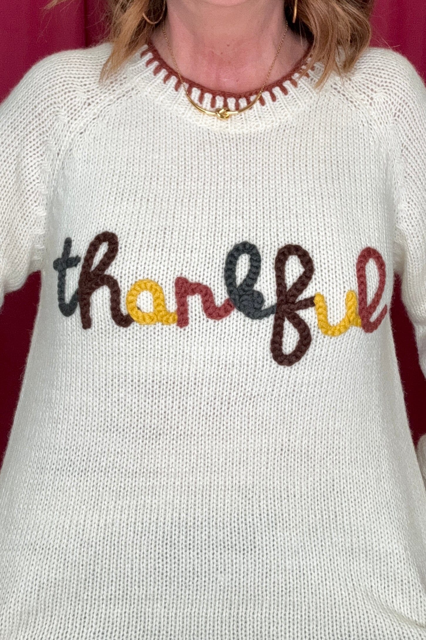 Thankful Lettering Thanksgiving Sweater w/Blanket Stitch JRTOP CASUAL TOP SO ME 