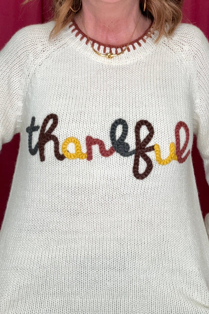 Thankful Lettering Thanksgiving Sweater w/Blanket Stitch JRTOP CASUAL TOP SO ME 