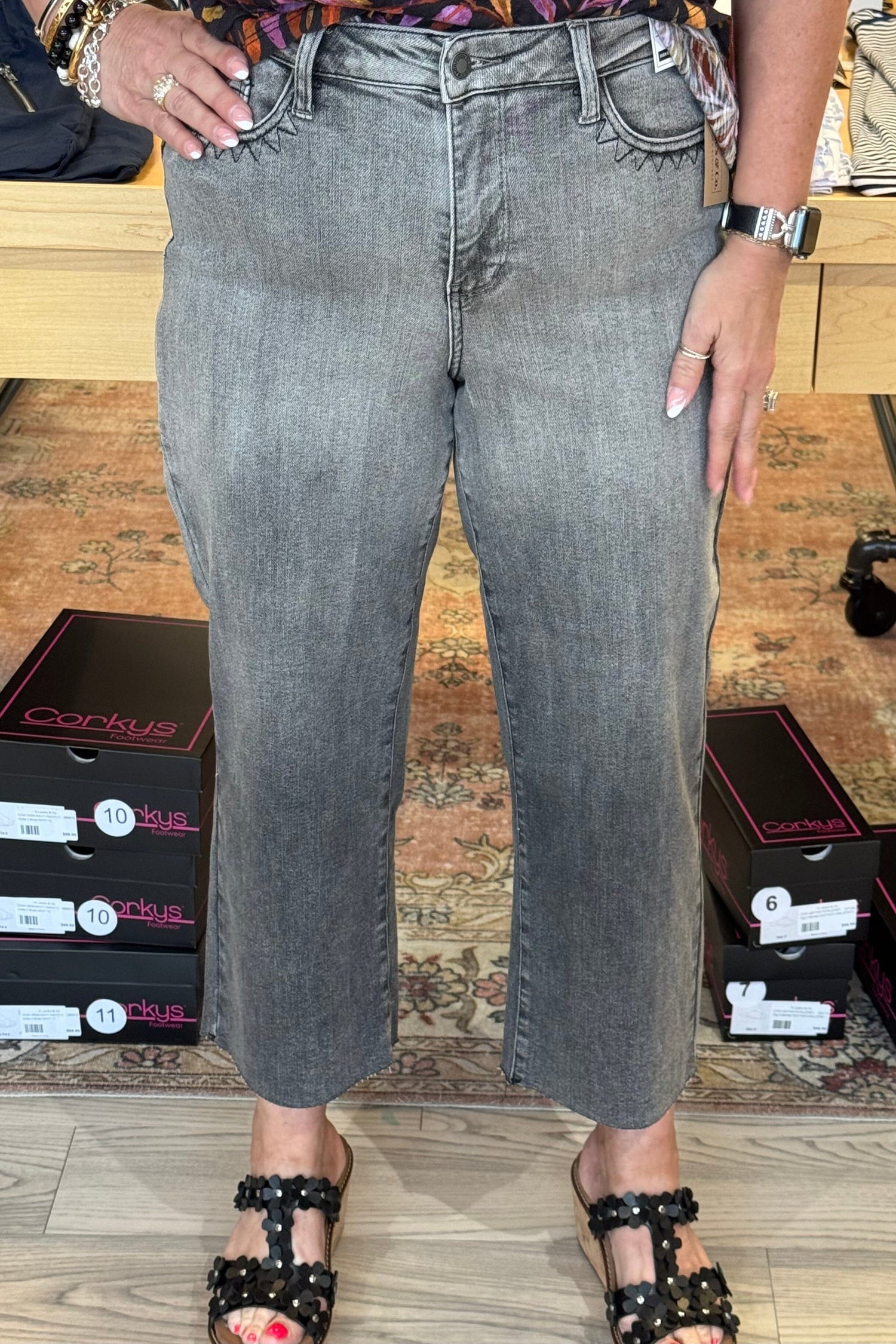 High Waist Vintage Grey Wash &amp; Embroidery Pocket Crop BOTTOMS JUDY BLUE 