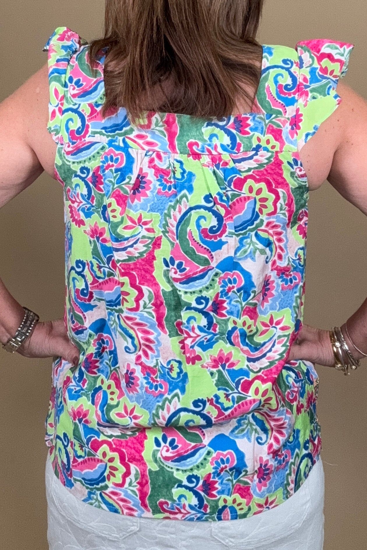 Sleeveless Ruffle Embroidery Square Neck Multi Print Tank JR TOP DRESSY WHOLESALE FASHION TRENDS 