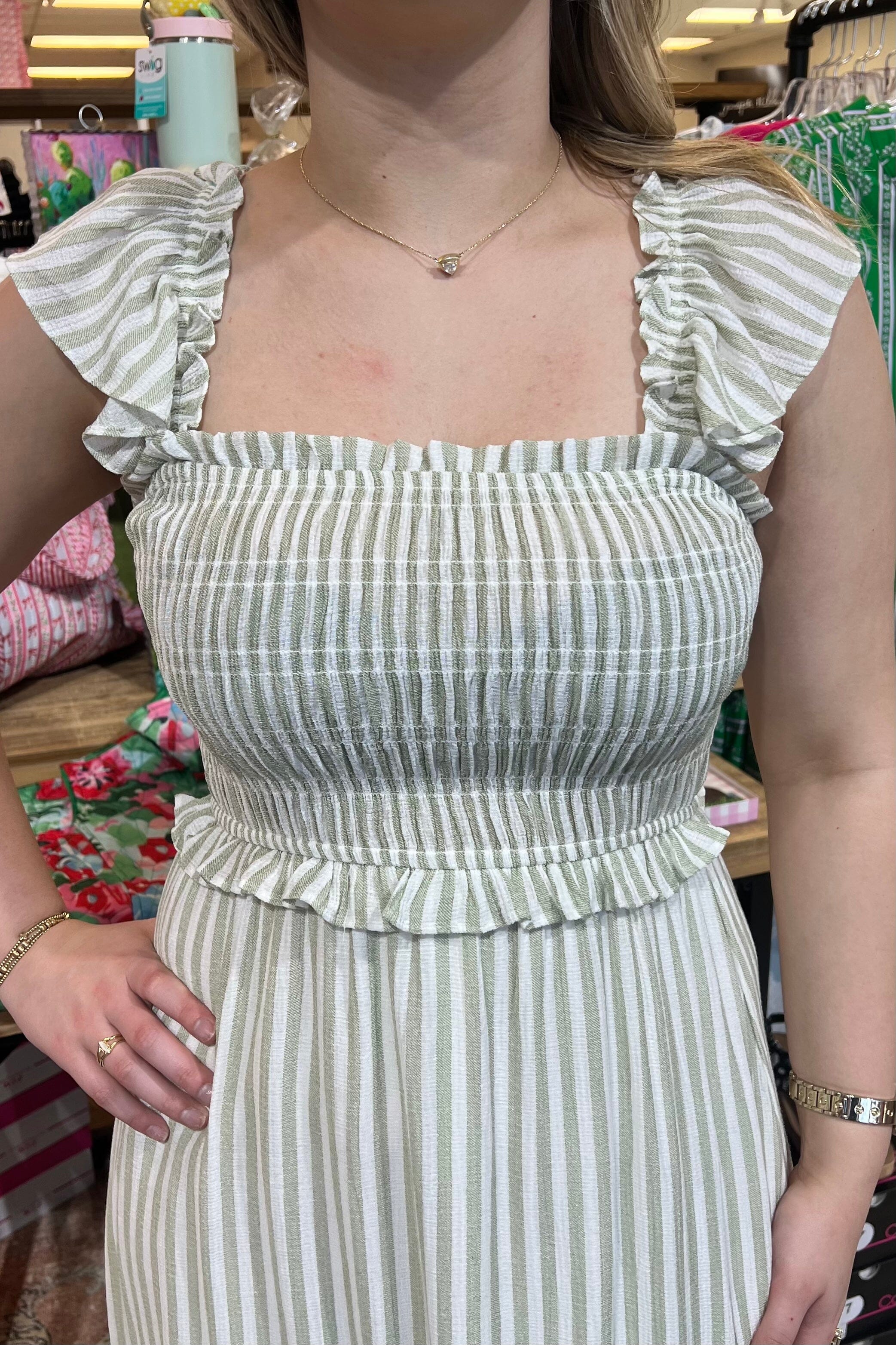 Striped Smocked Ruffle Trim Midi Dress DRESS BLUPEPPER 