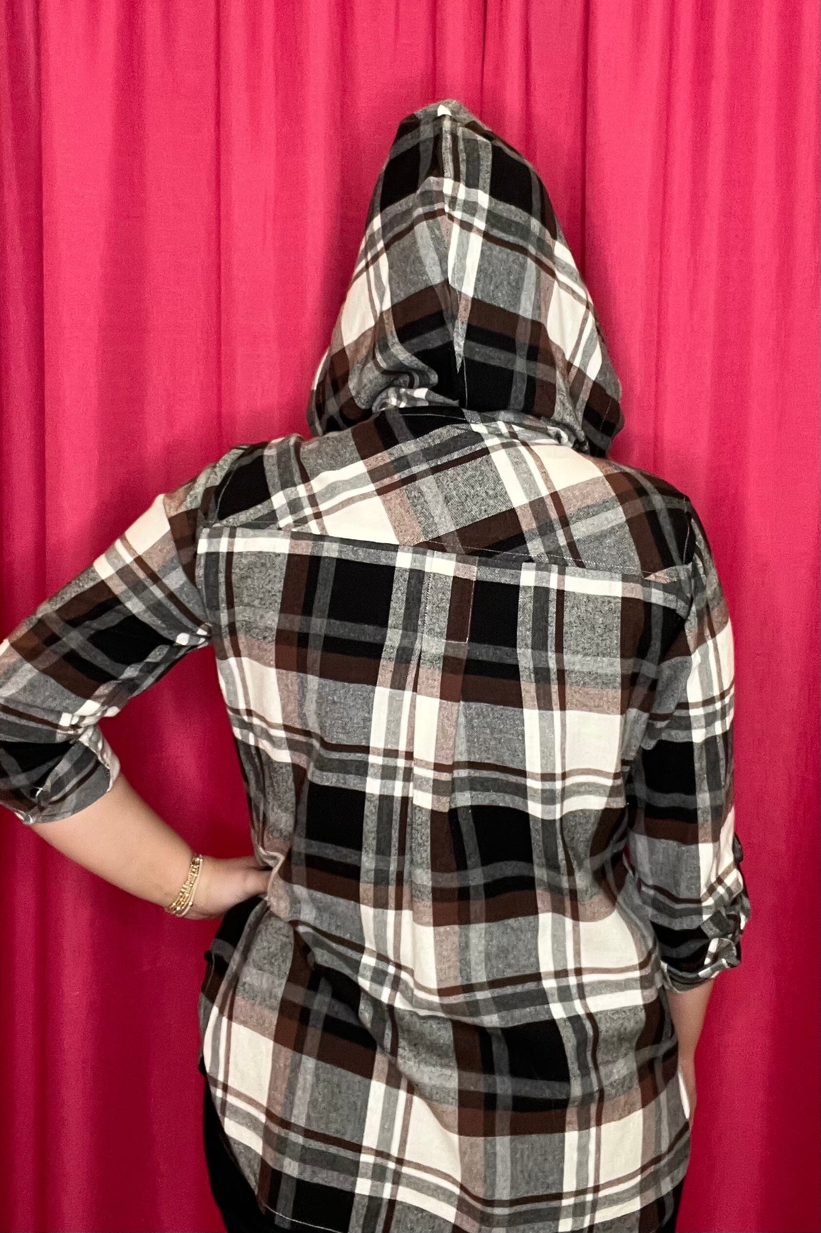 Long Sleeve Flannel Button Down w/Hood MISSY TOP SPECIAL KEREN HART 