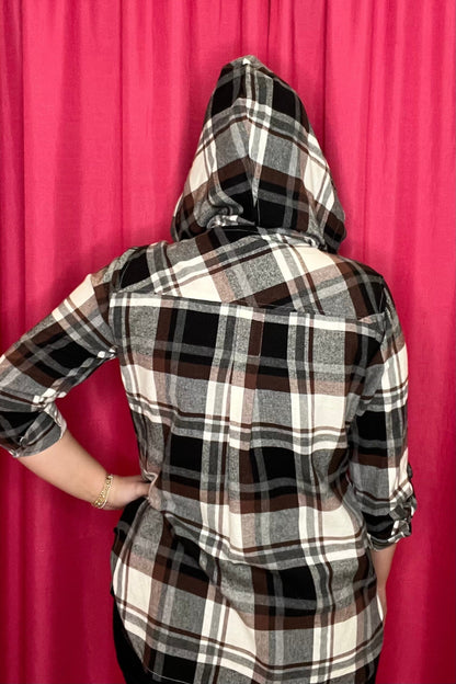 Long Sleeve Flannel Button Down w/Hood MISSY TOP SPECIAL KEREN HART 