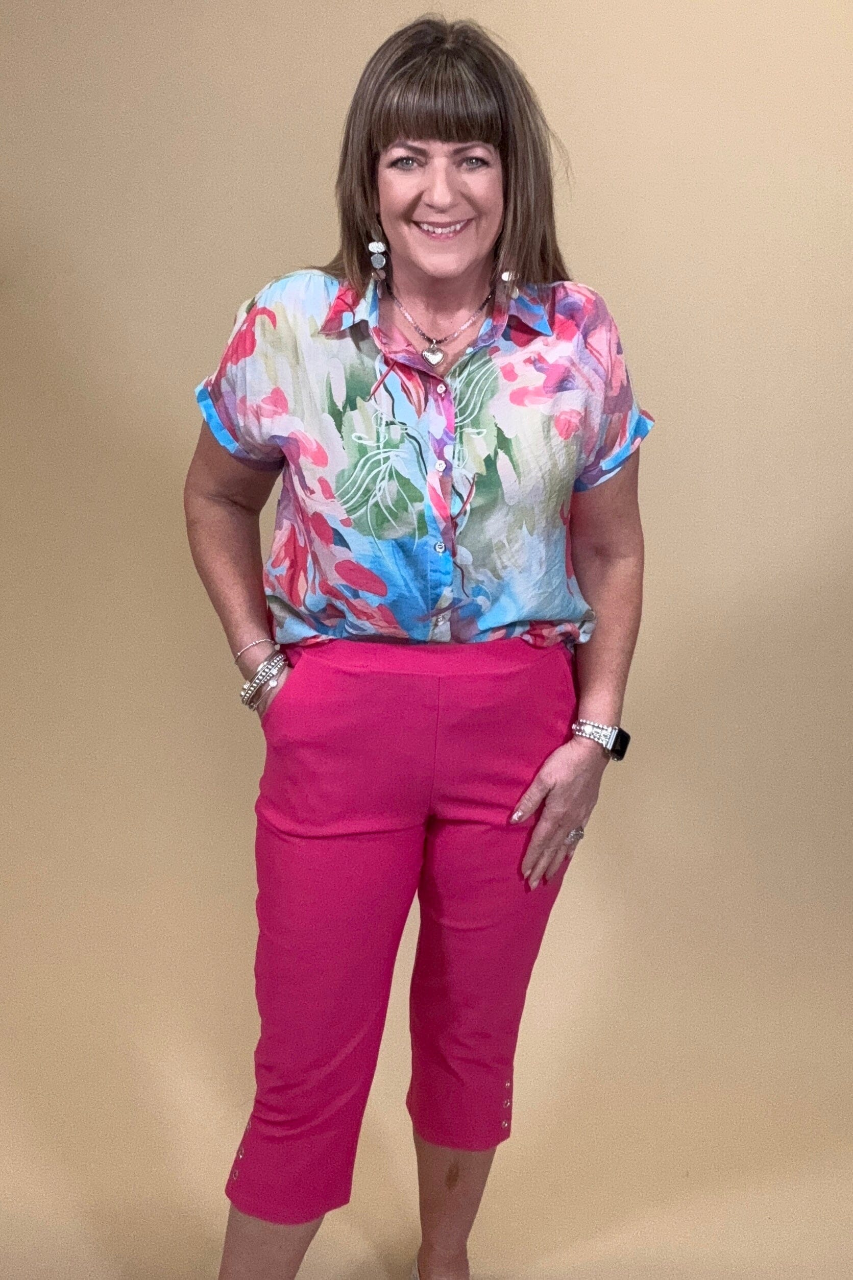 Printed Short Sleeve Button Down w/Collar MISSY TOP SPECIAL CREATION 