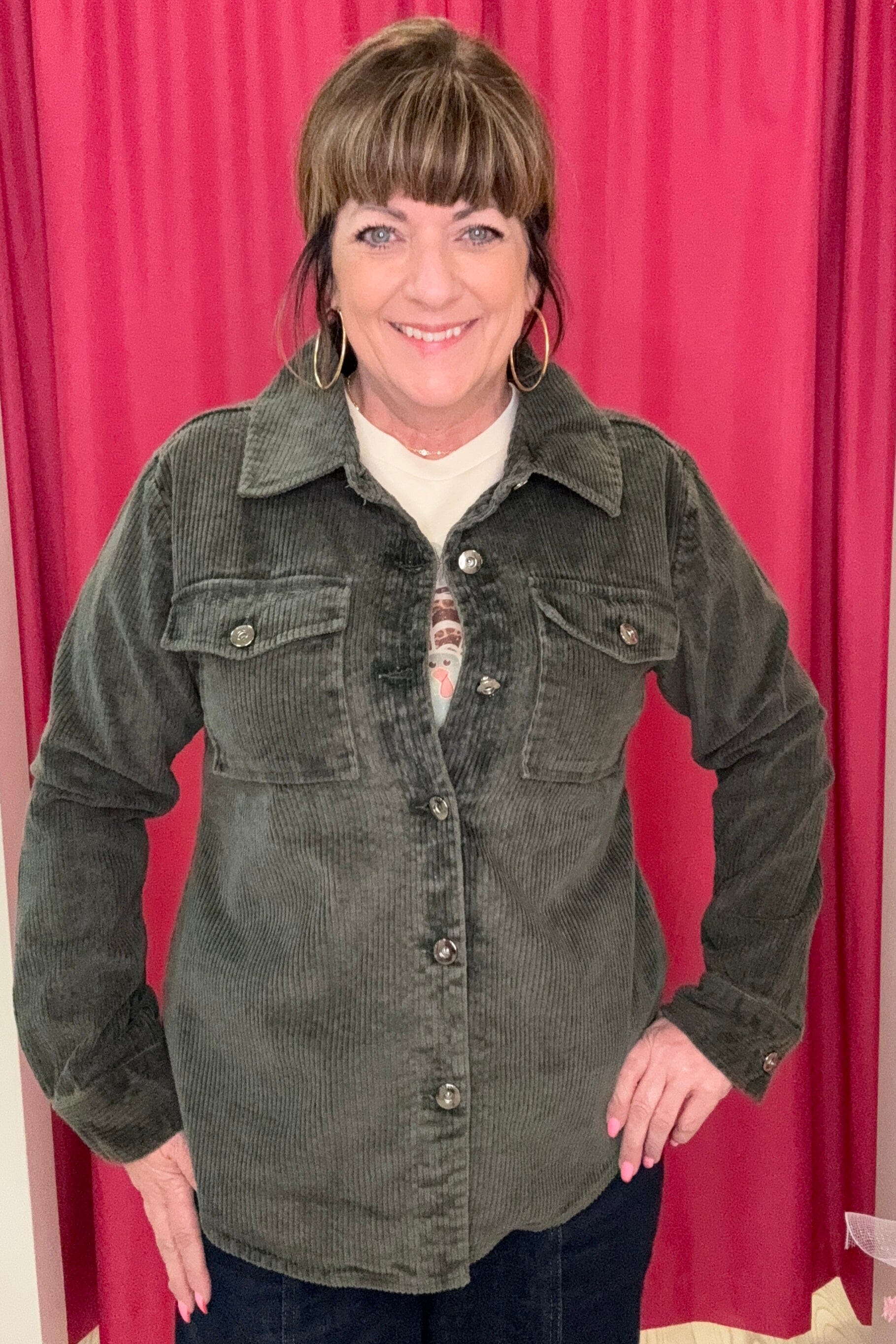 Long Sleeve Corduroy Button Down w/Pockets OUTFIT COMPLETER KEREN HART 