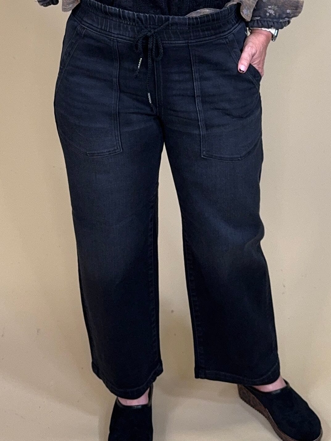 Elastic Band Baggy Patch Pockets Jeans BOTTOMS:~~Unassigned~~ RISEN 