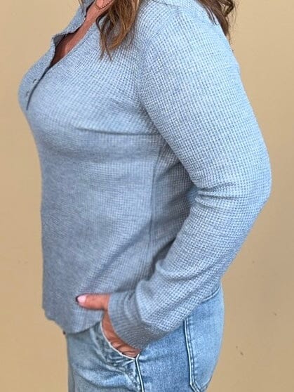 Brushed Waffle Knit Henley Long Sleeve - Denim MISSY BASIC KNIT:~~Unassigned~~ TRIBAL 