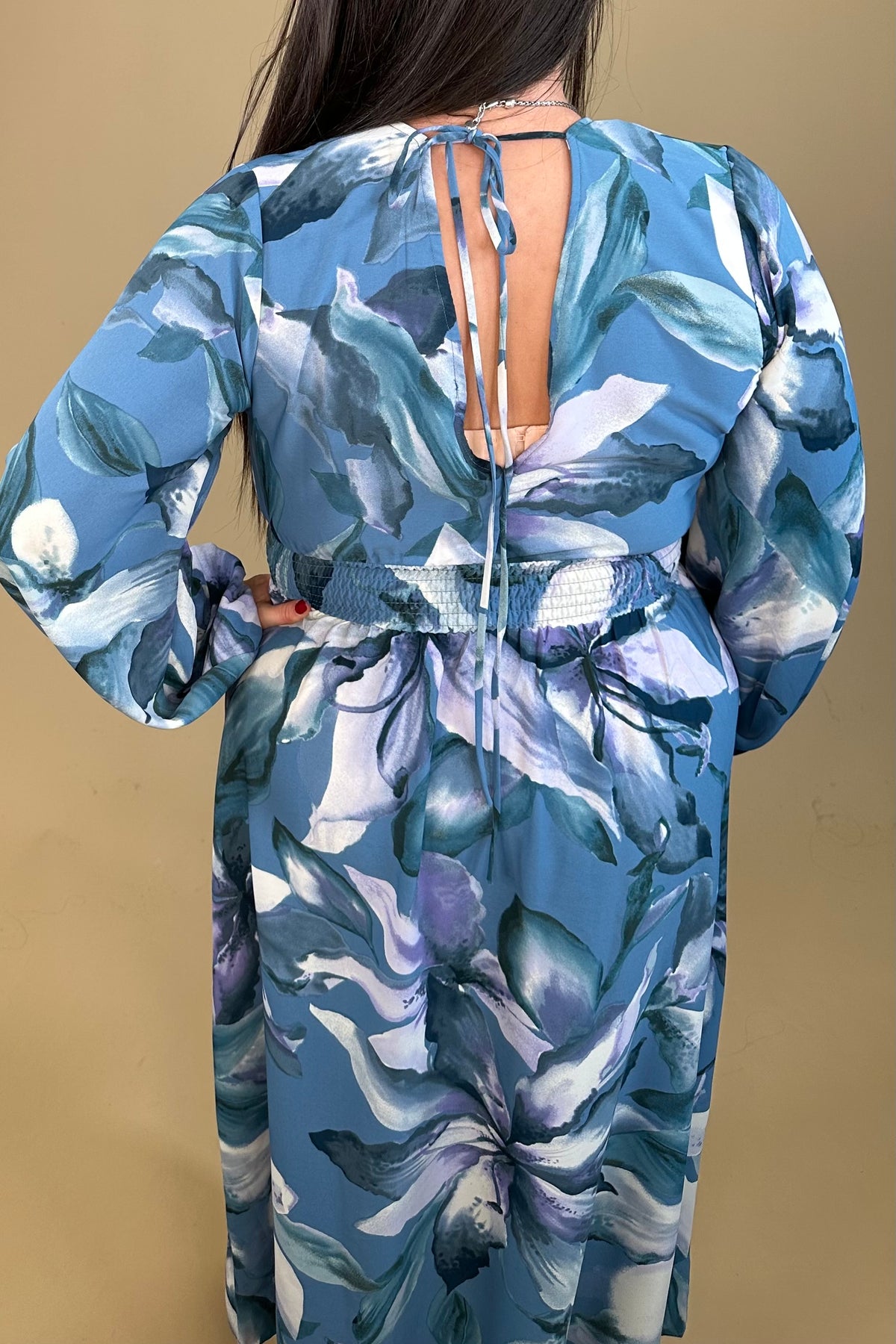 Long Sleeve Printed Dress w/Smoked Waist