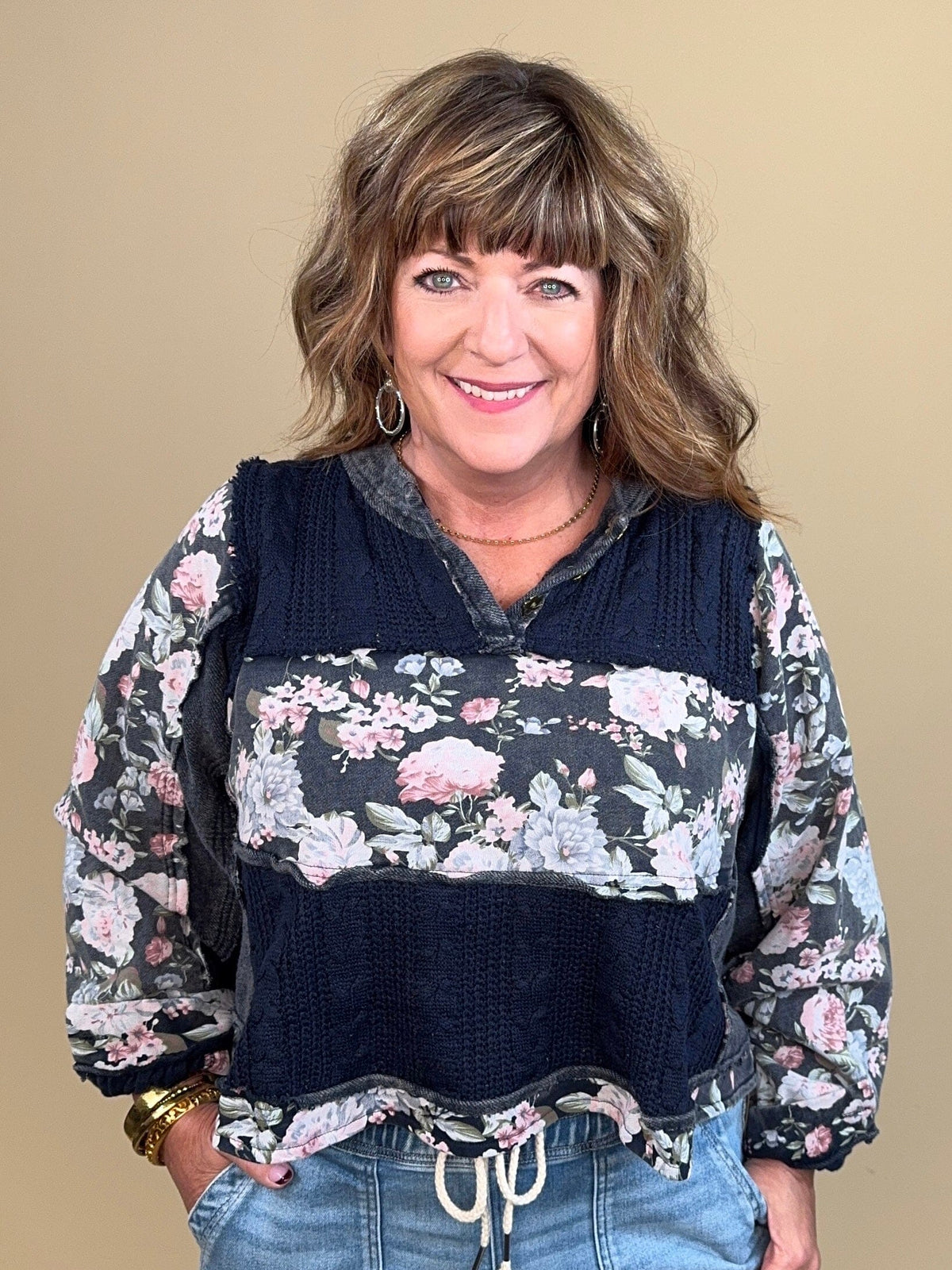Floral Pattern Split Neck Knit Top - Navy JRTOP CASUAL TOP:~~Unassigned~~ POL CLOTHING 