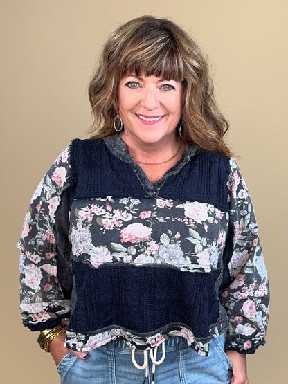 Floral Pattern Split Neck Knit Top - Navy JRTOP CASUAL TOP:~~Unassigned~~ POL CLOTHING 