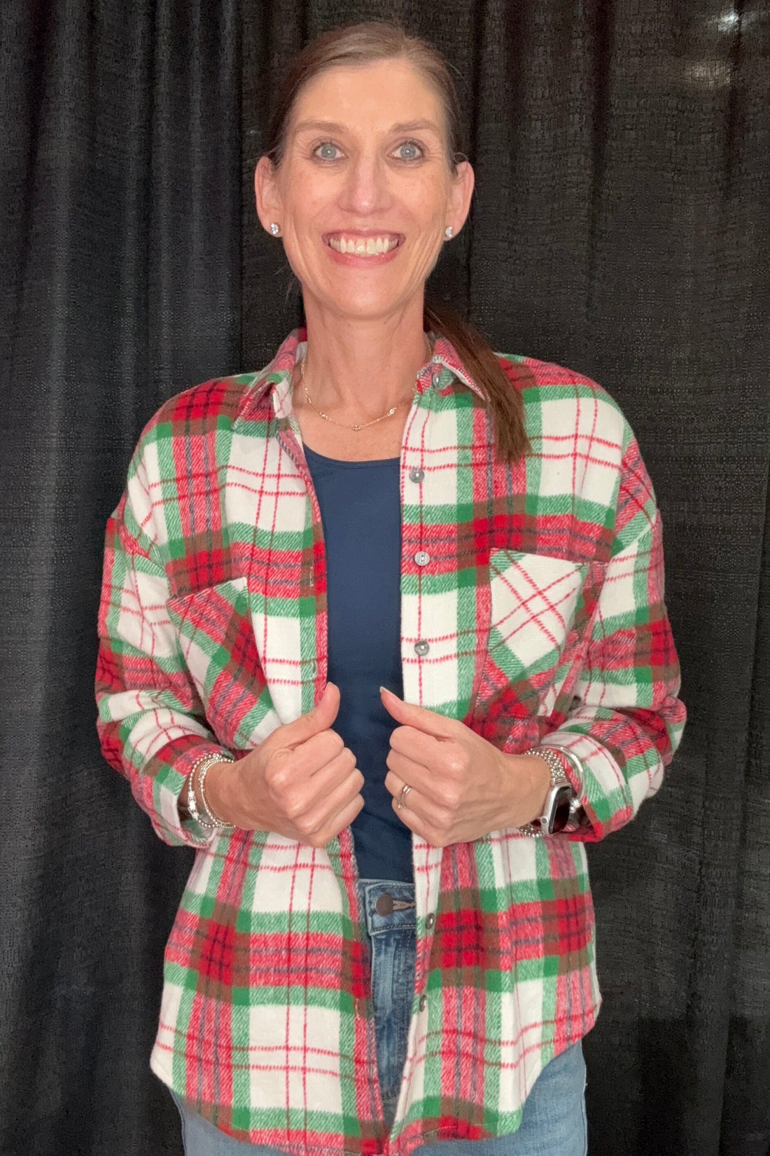Long Sleeve Button Down Plaid Shacket w/Front Pockets OUTFIT COMPLETER SHE&amp;SKY 