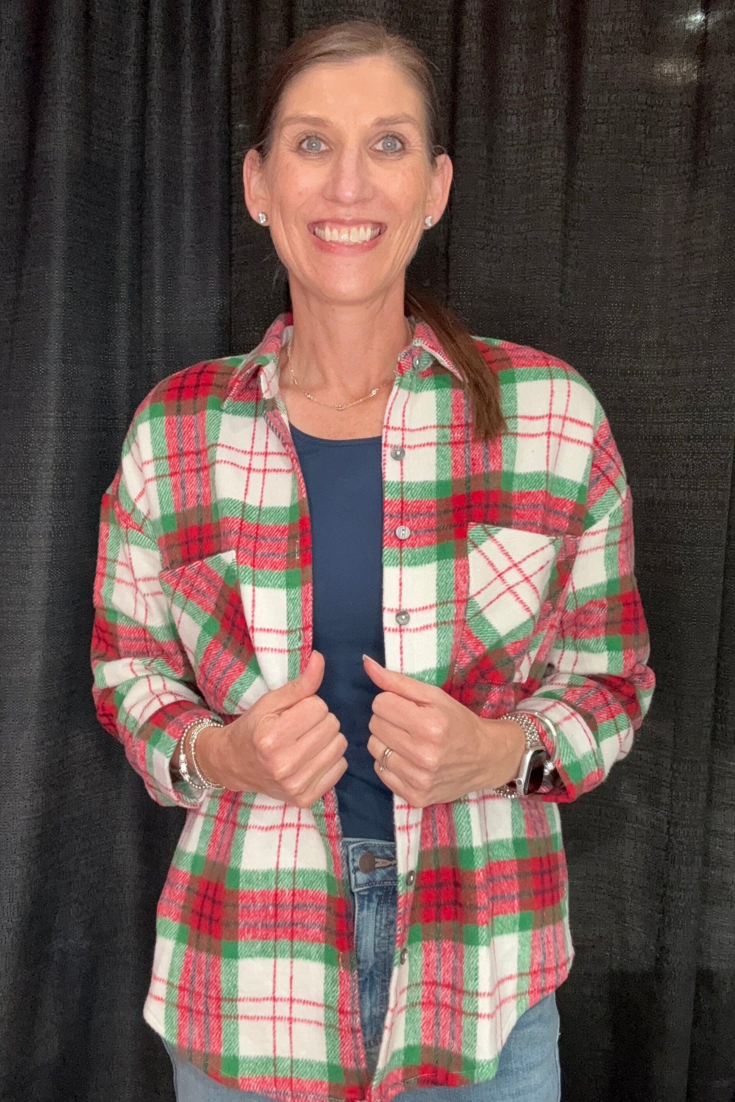 Long Sleeve Button Down Plaid Shacket w/Front Pockets OUTFIT COMPLETER SHE&amp;SKY 