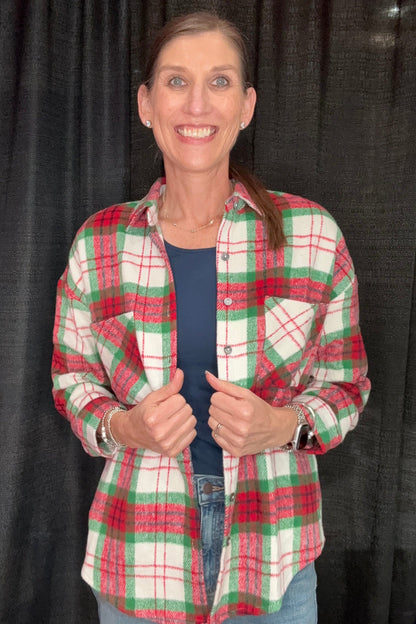Long Sleeve Button Down Plaid Shacket w/Front Pockets OUTFIT COMPLETER SHE&amp;SKY 