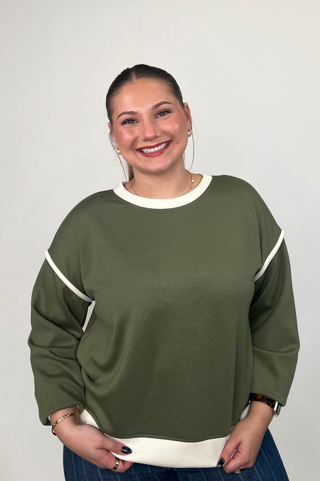 Scuba Contrast Trim Sweatshirt - Olive JRTOP CASUAL TOP:~~Unassigned~~ ZENANA 