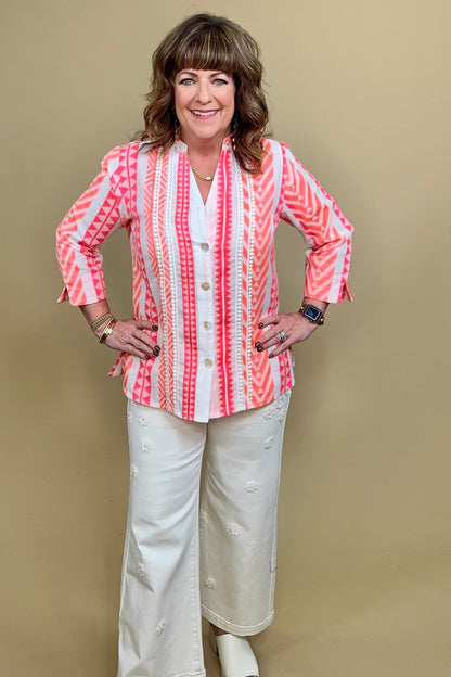 3/4 Sleeve Printed Button Down w/Trim MISSY TOP SPECIAL PARSLEY &amp; SAGE 