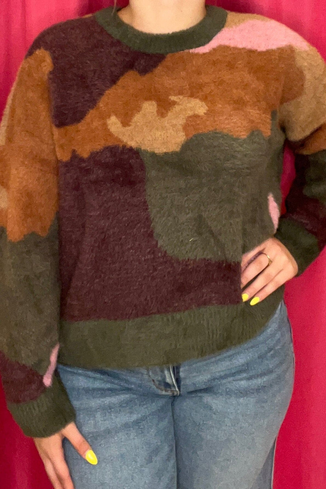 Long Sleeve Crew Neck Intarsia Sweater MISSY TOP SPECIAL TRIBAL 