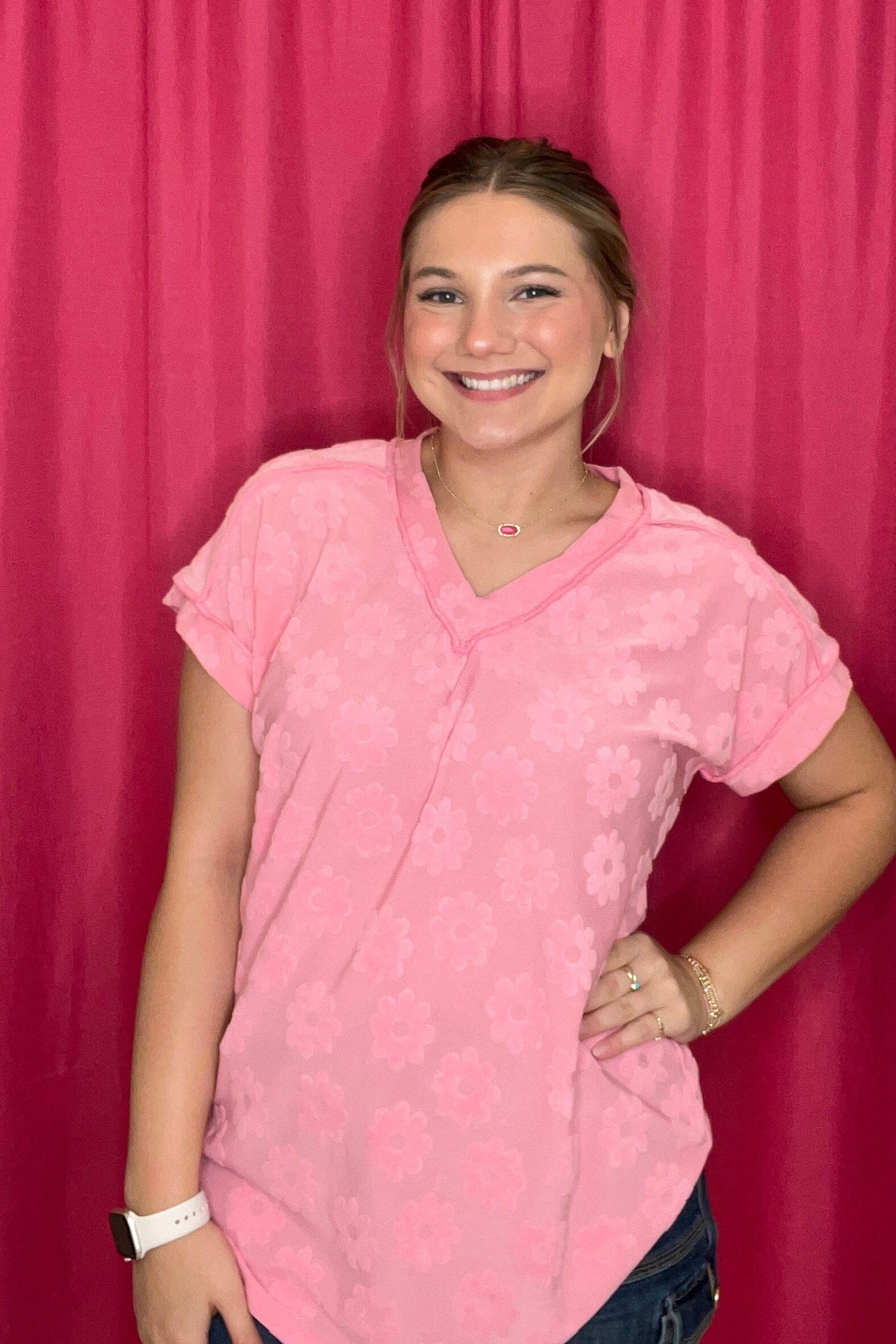 Textured Flower Top w/V-Neck JRTOP CASUAL TOP HEIMISH