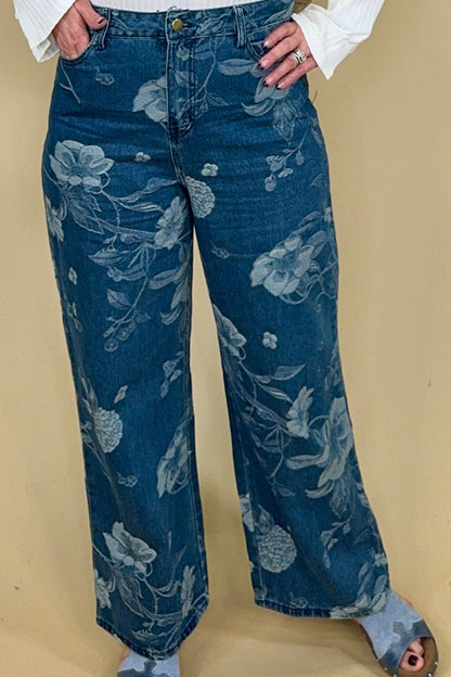 Floral Print Denim Pants BOTTOMS CREATION 