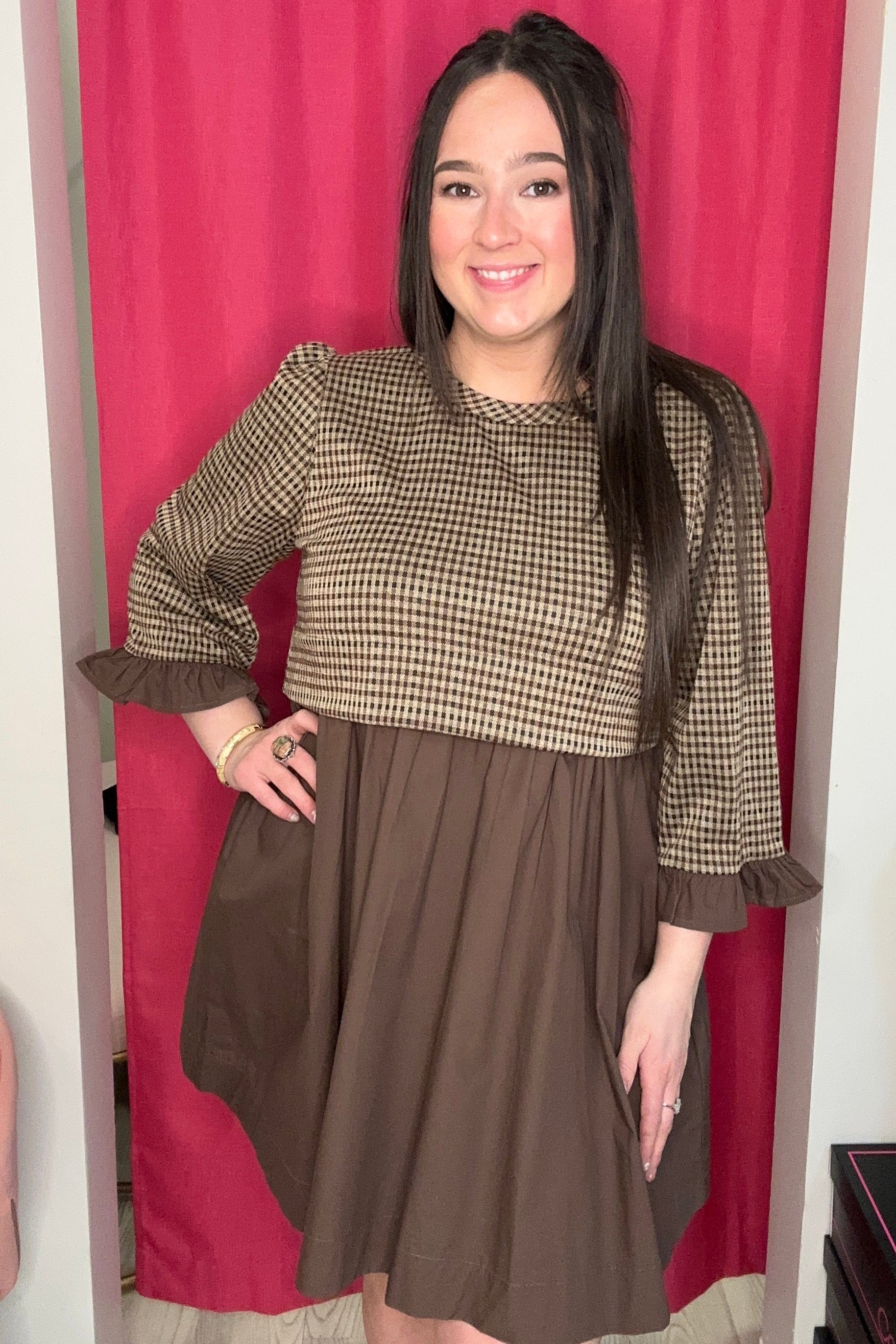 3/4 Sleeve Scoop Neck Dress Printed Top w/Solid Bottom DRESS JODIFL 