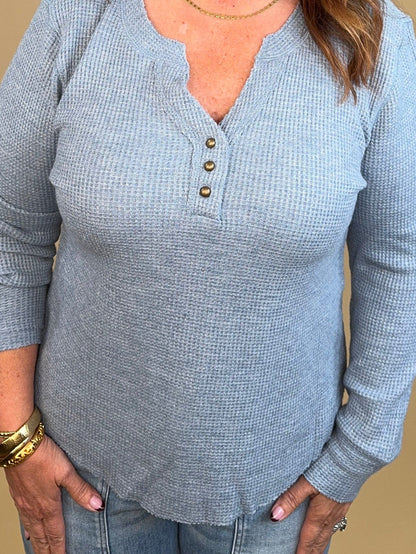 Brushed Waffle Knit Henley Long Sleeve - Denim MISSY BASIC KNIT:~~Unassigned~~ TRIBAL 