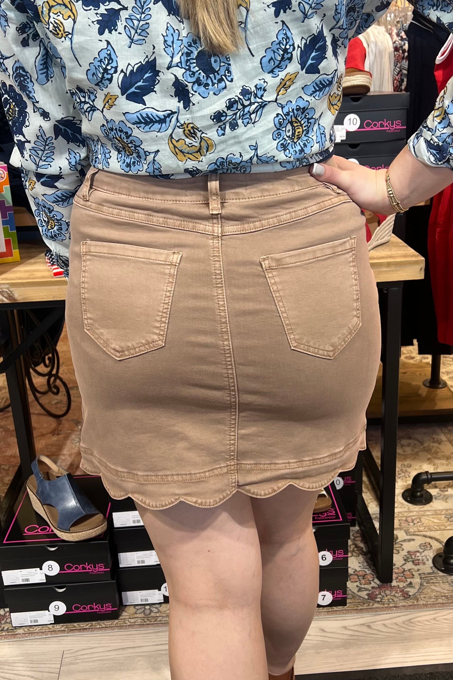 Scalloped Hem Button Front Denim Skort BOTTOMS CHARLIEB 