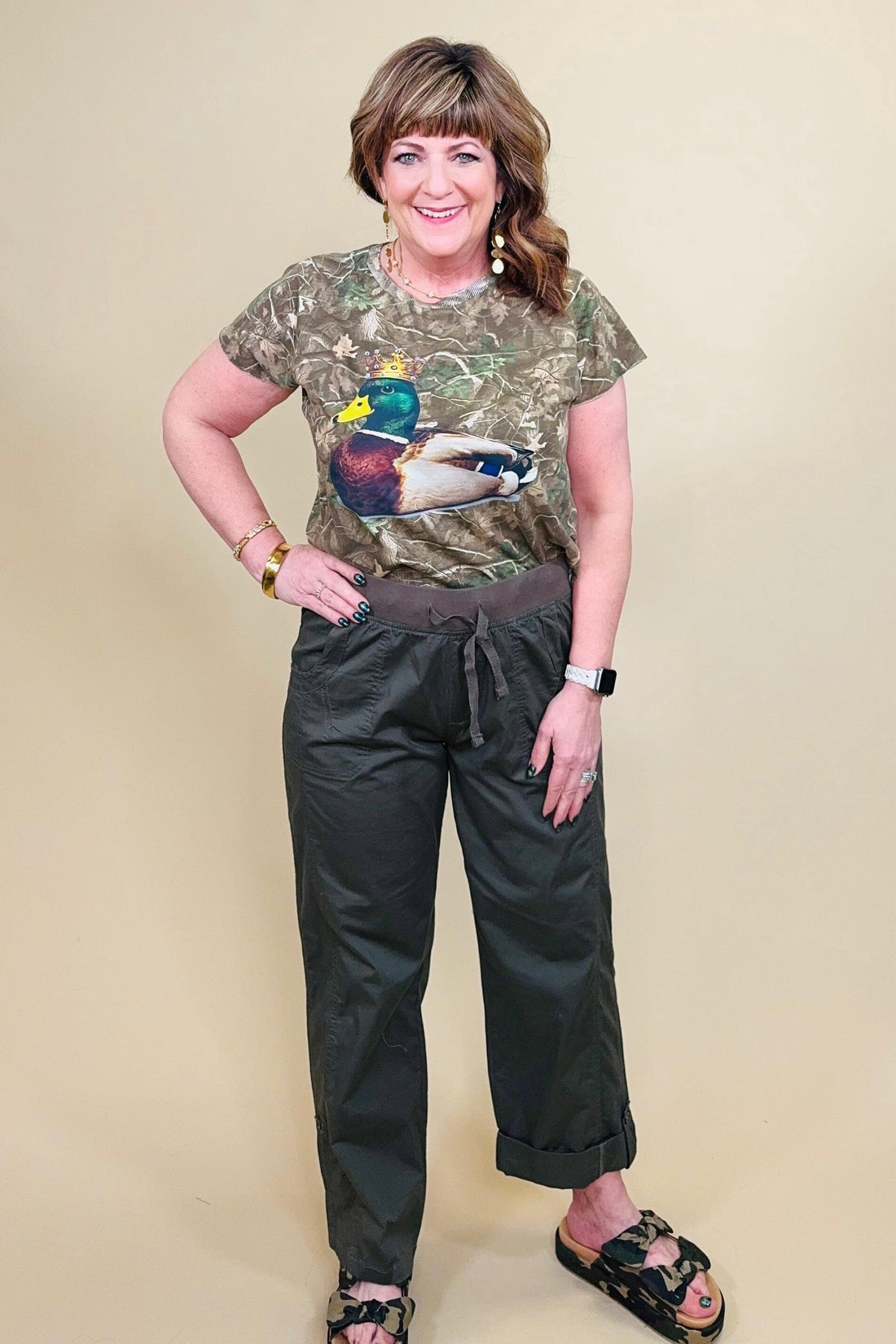 Short Sleeve Camo Top w/Duck &amp; Rhinestones MISSY BASIC KNIT SUGAR STITCH 