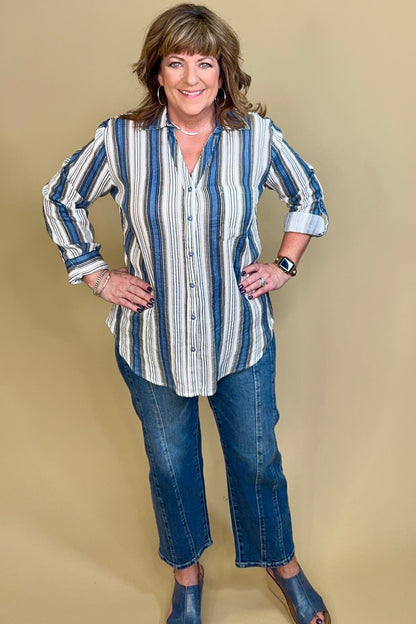 Striped Button Down w/Pocket MISSY TOP SPECIAL KEREN HART 
