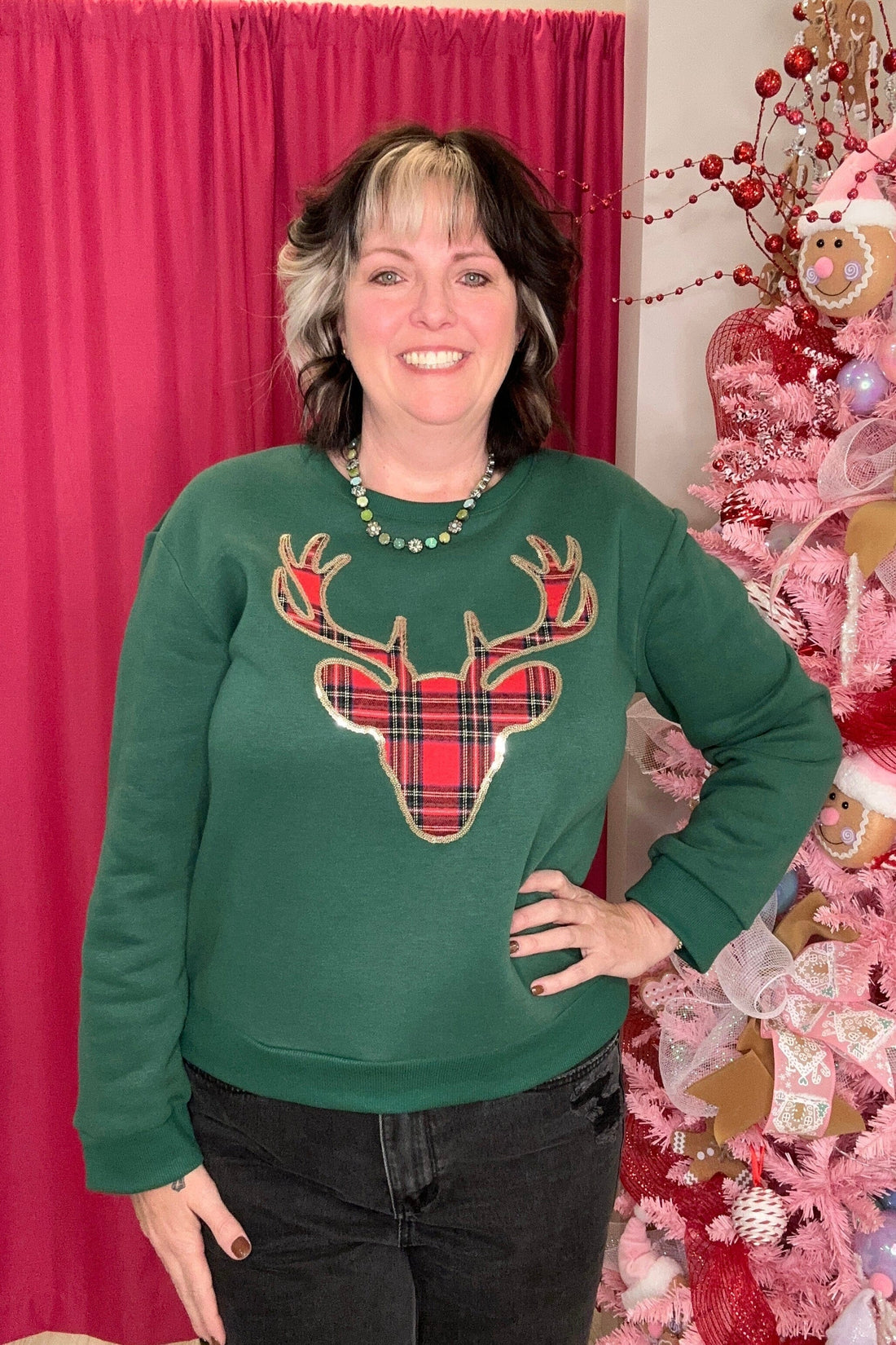 Long Sleeve Christmas Plaid Reindeer Knit Top JRTOP CASUAL TOP SHE&amp;SKY 
