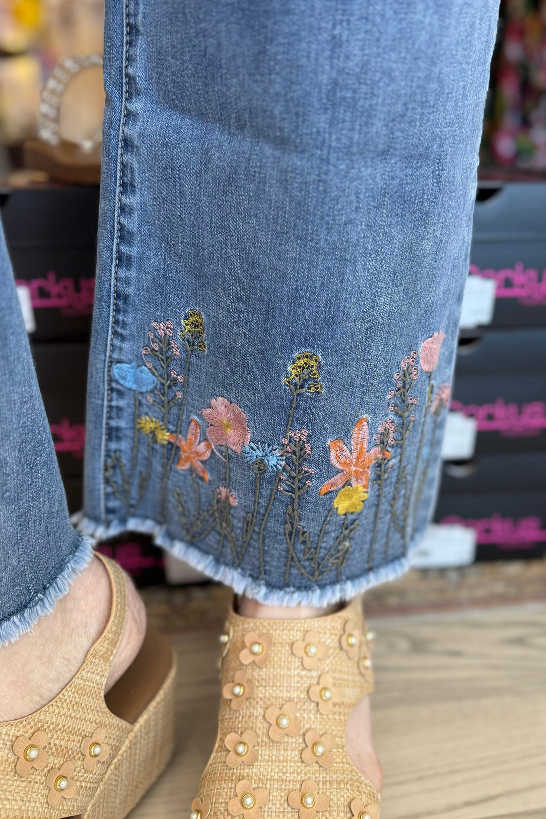 Embroidery Detail Wide Leg Jeans BOTTOMS Charlie B 