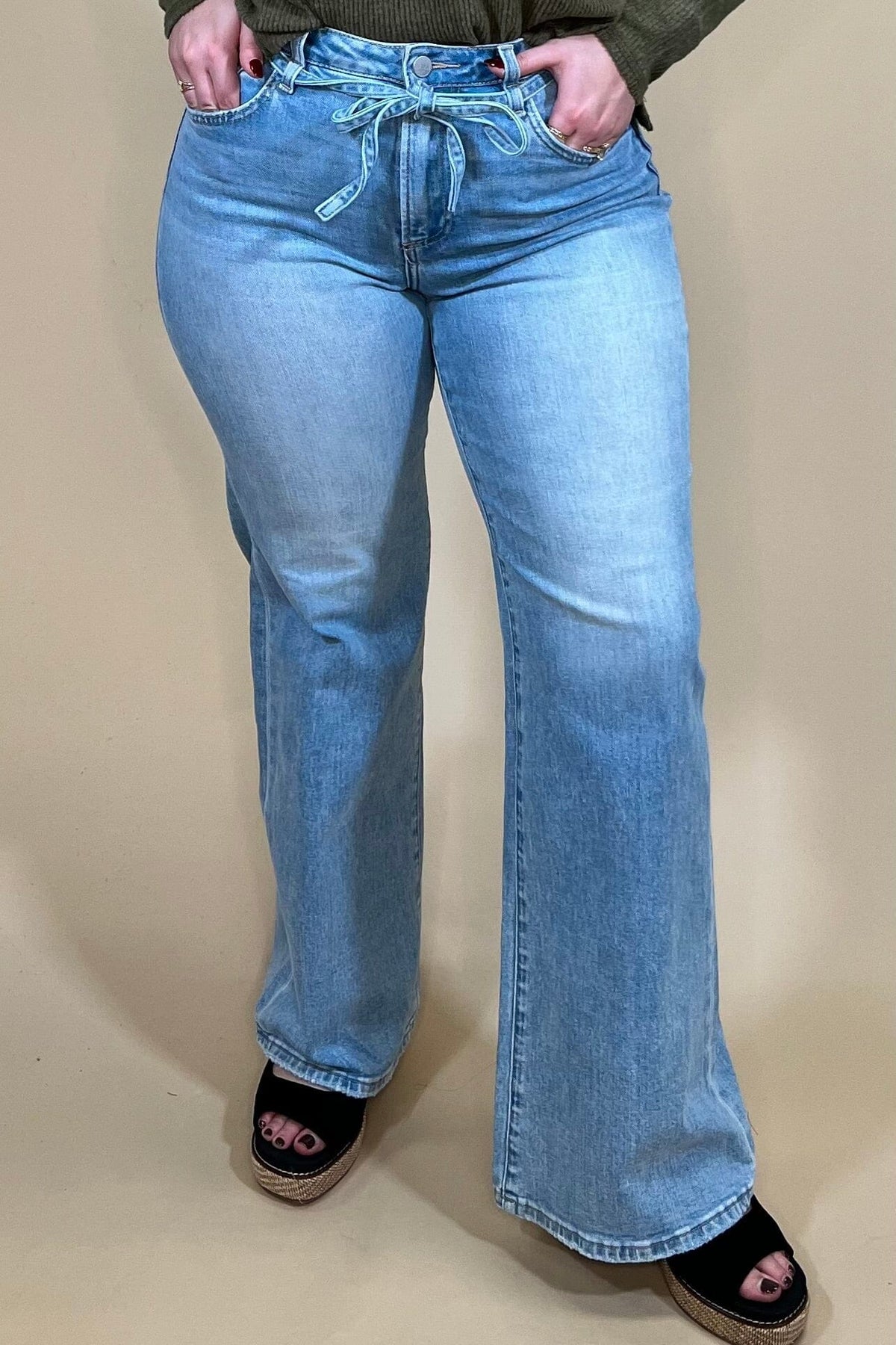 High Rise Wide Leg Jean W/ Waist String JEANS:~~Unassigned~~ RISEN 