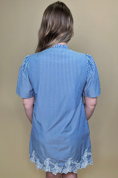 Short Sleeve Woven Striped Embroidered Hem Mini Dress w/Pockets DRESS SHE&amp;SKY 