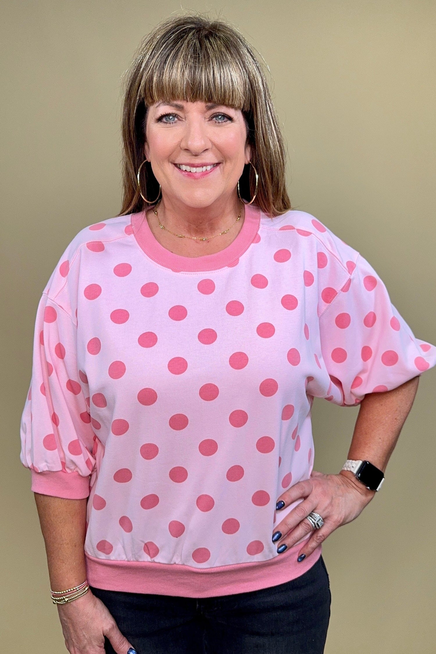 Round Neck Bubble Sleeve Polka Dot Sweatshirt JRTOP CASUAL TOP GLAM 