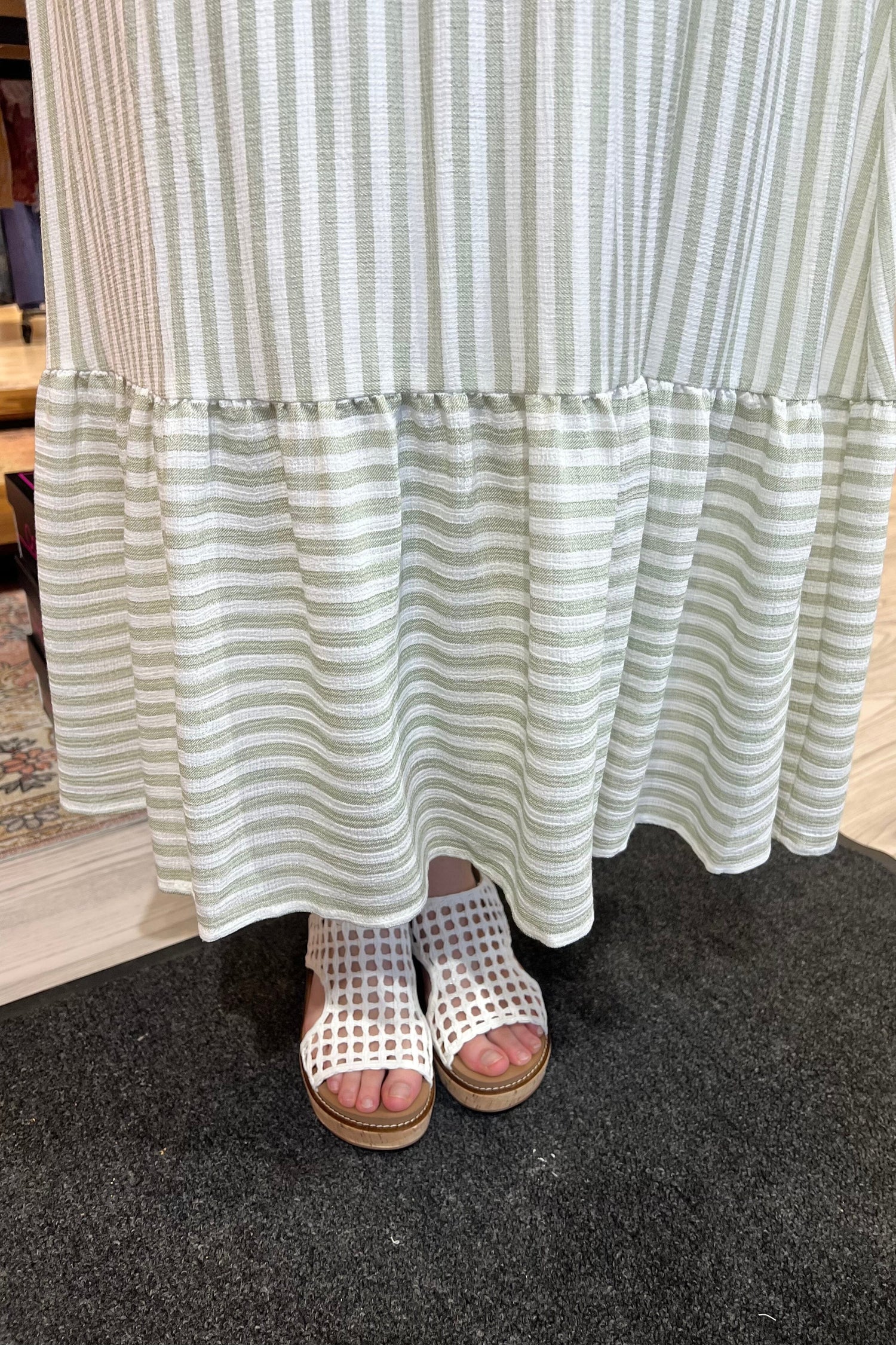 Striped Smocked Ruffle Trim Midi Dress DRESS BLUPEPPER 