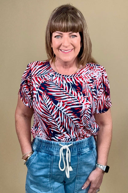 Short Split Sleeve Scoop Neck Printed Palm Leaf Top MISSY TOP SPECIAL SOUTHERN LADY 