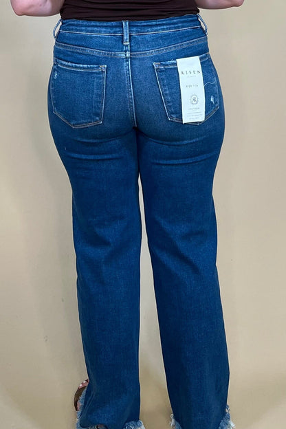 Mid Rise Tummy Control Frayed Hem Straight Jean JEANS RISEN 