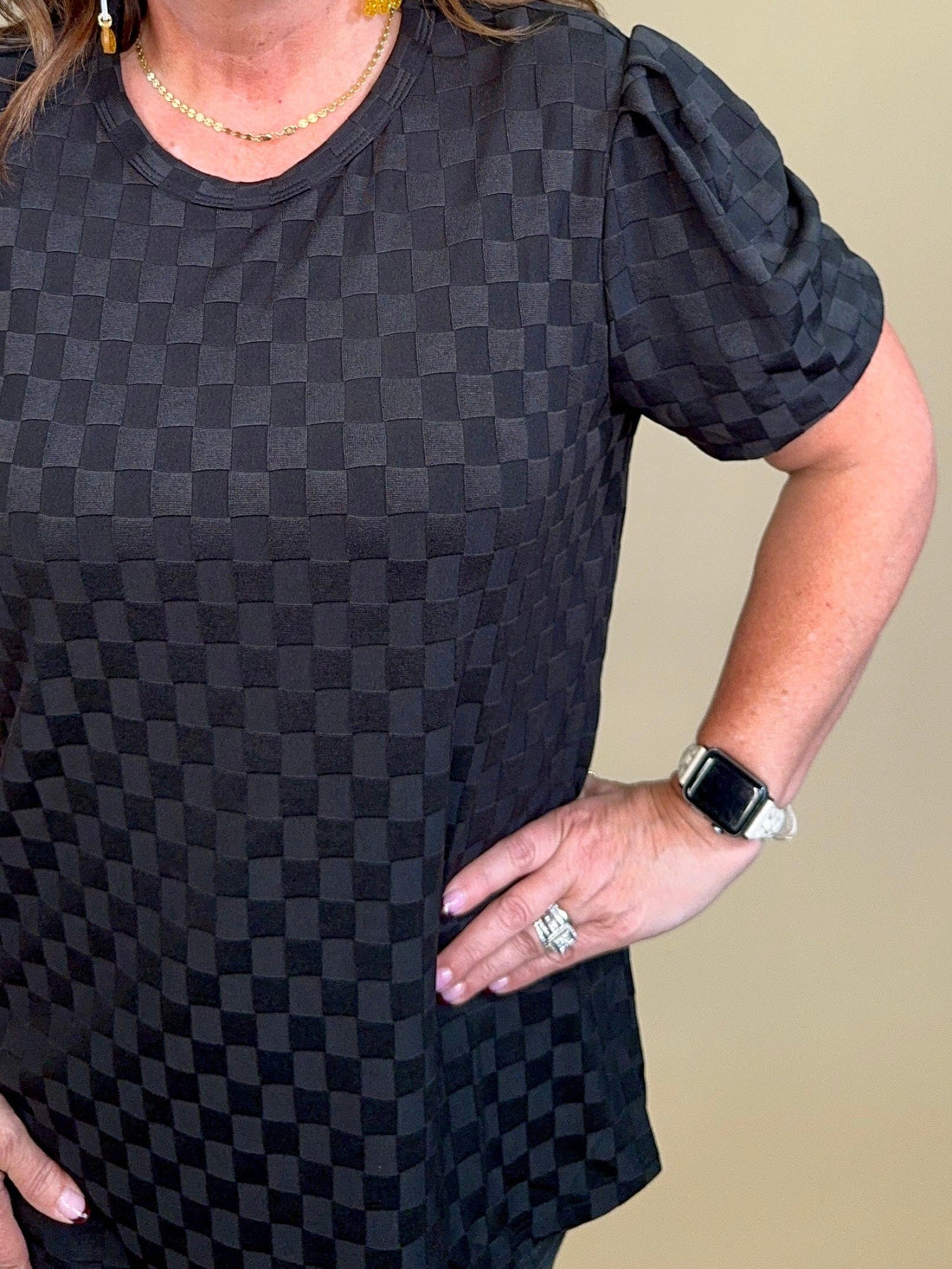 Black Checkered Puff Sleeve Top JRTOP CASUAL TOP:~~Unassigned~~ YOURFASHIONWHOL 